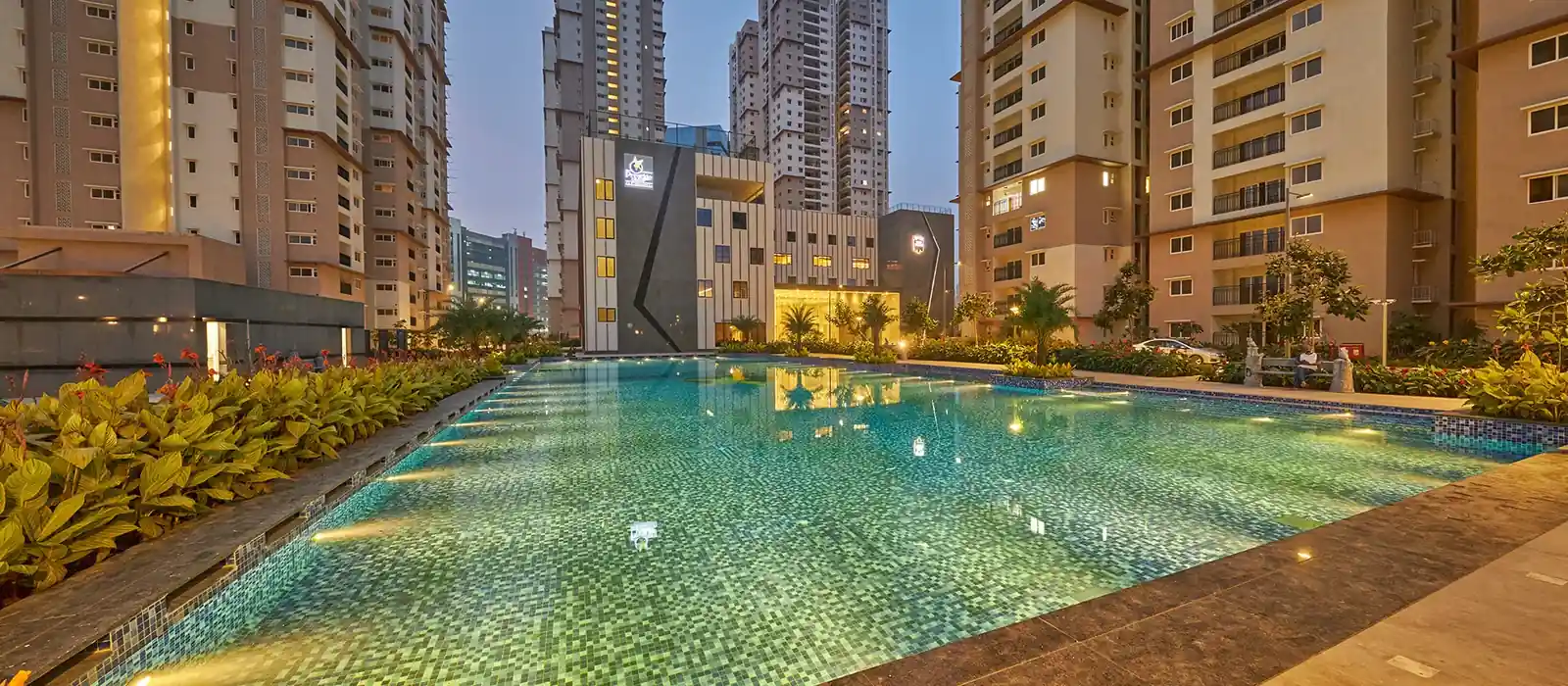 Prestige Velimela swimming pool at dusk