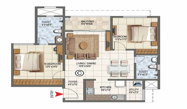 2 BHK, 1,169 - 1,281 sq.ft. floor plan at Prestige Velimela